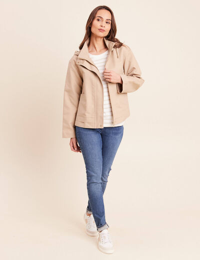 Parka droite courte &agrave; capuche en coton sable femme