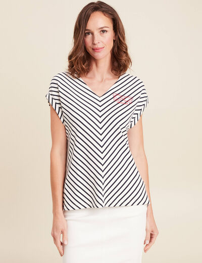 T-shirt manches courtes brodé bleu femme