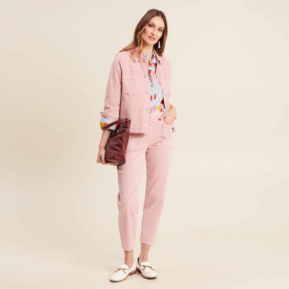 Veste boutonnée en jean rose pastel femme