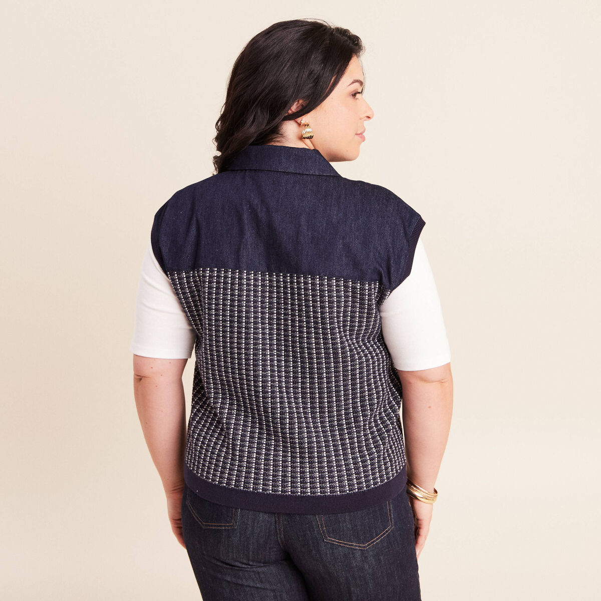 Veste sans manches col chemise bleu marine femme