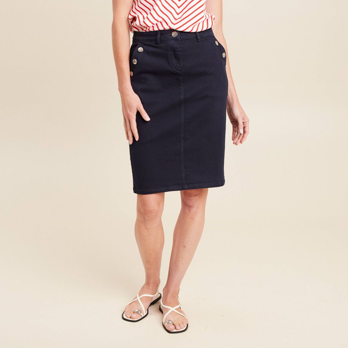 Jupe droite longueur genou bleu foncé femme