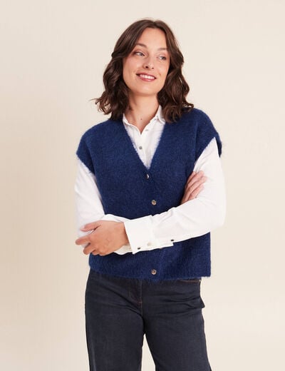 Gilet droit mi-long col v bleu marine femme