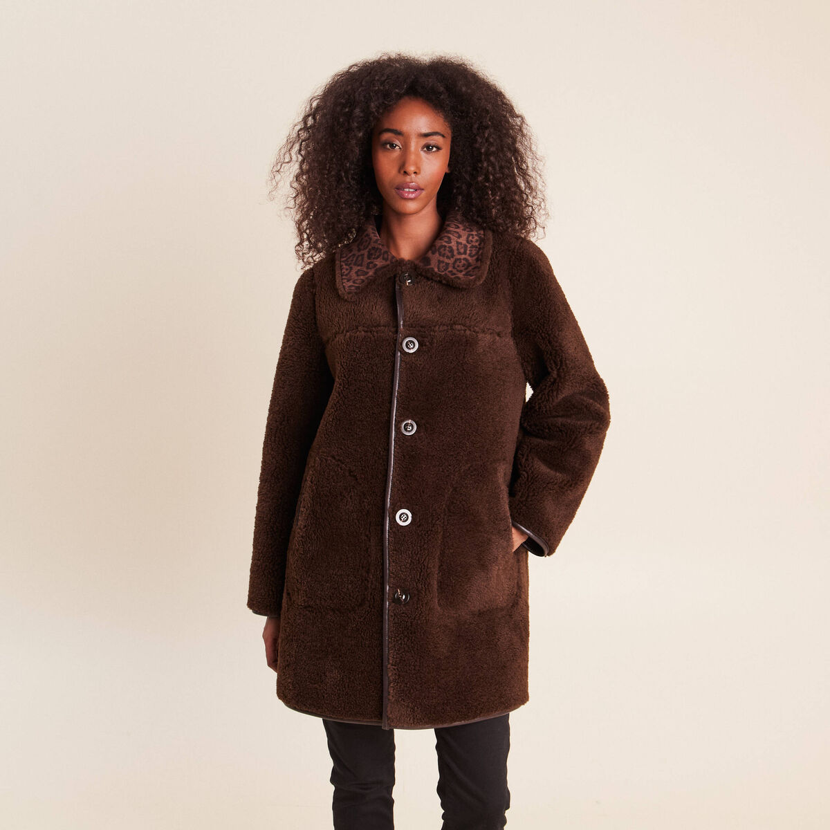 Manteau col montant marron femme