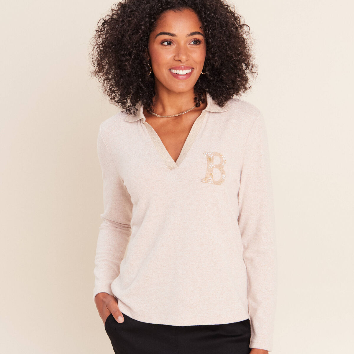 Polo manches longues col chemise brod&eacute; creme femme