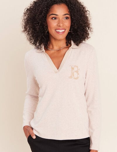 Polo manches longues col chemise brod&eacute; creme femme