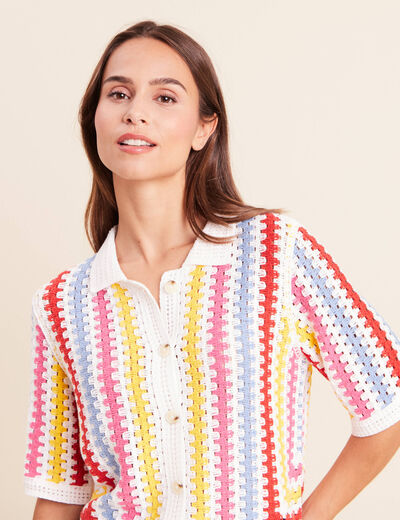 Polo manches courtes aspect macram&eacute; multicolore femme