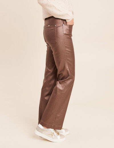 Pantalon enduit coupe large marron fonc&eacute; femme