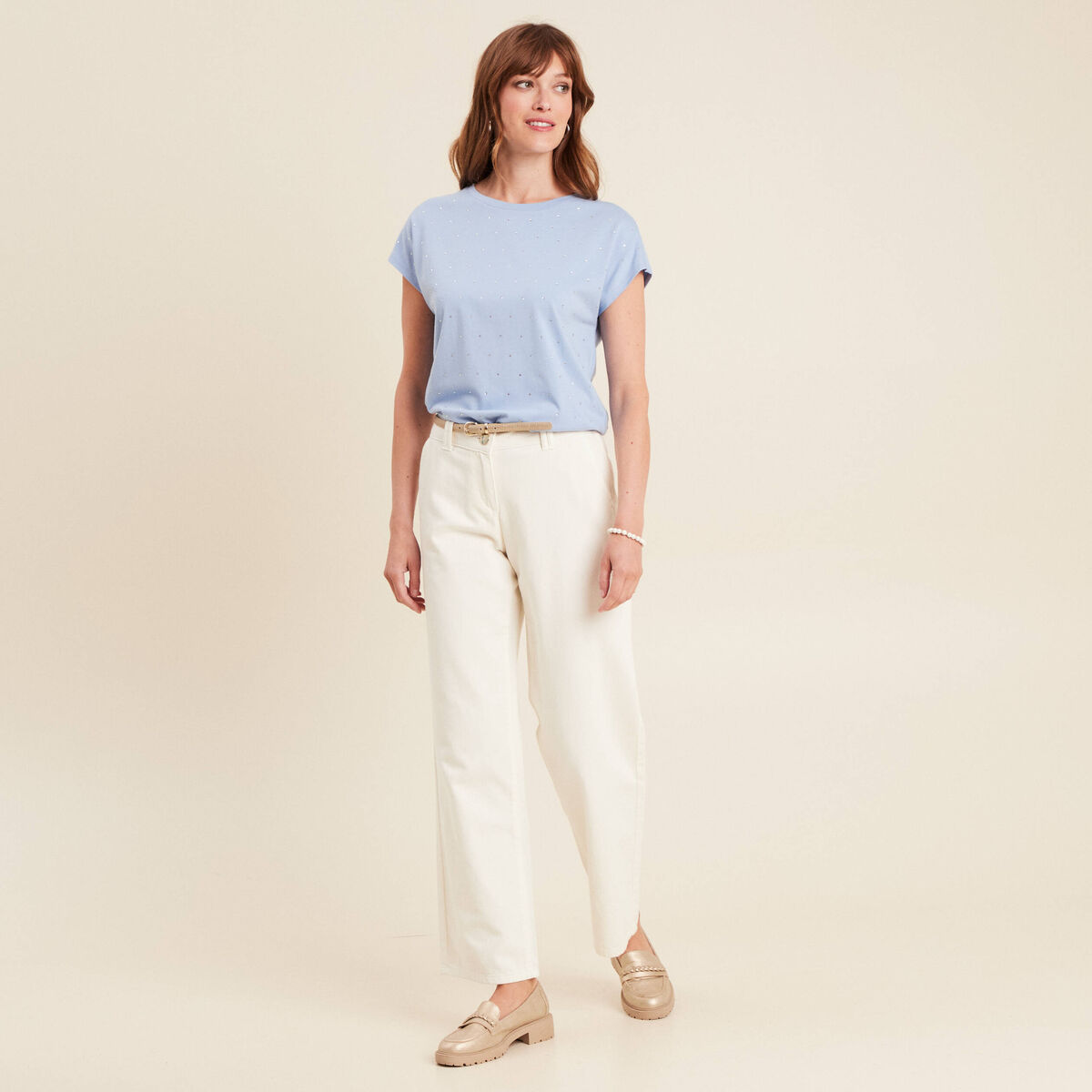 Pantalon droit taille basculée ecru femme