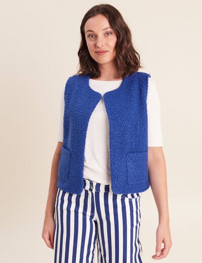 Gilet sans manches bouclette poches bleu fonc&eacute; femme