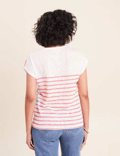 T-shirt col v manches courtes strass ecru femme
