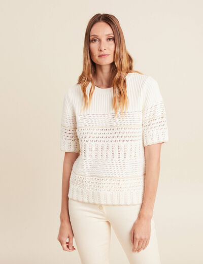 Pull ajouré manches courtes ecru femme