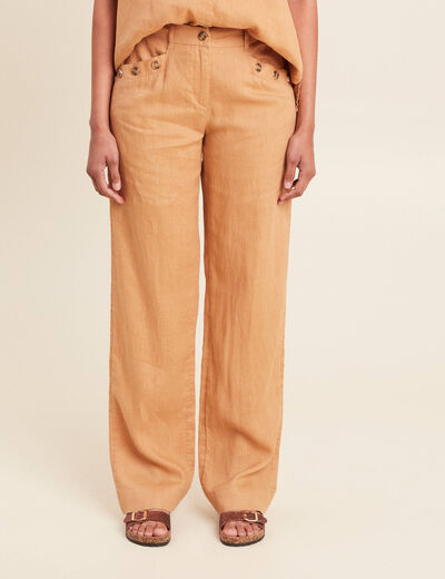Pantalon coupe large fluide taille haute beige femme