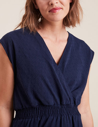 Robe évasée taille smockée bleu marine femme