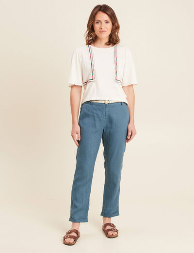 Pantalon flou ceinturé bleu pétrole femme