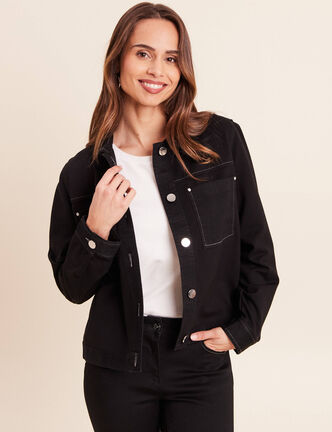 Veste droite courte manches longues denim noir femme