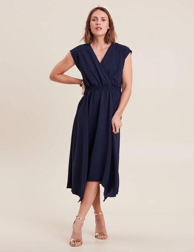 Robe évasée taille smockée bleu marine femme