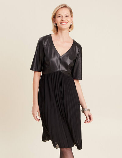 Robe évasée plissée noir femme