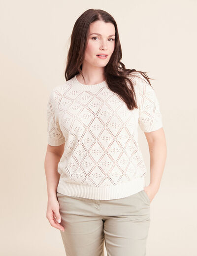 Pull droit court manches courtes ecru femme