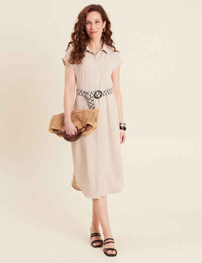 Robe chemise droite ceinturée sable femme