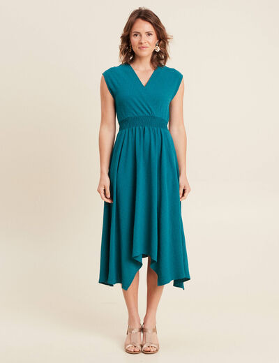 Robe évasée taille smockée vert femme