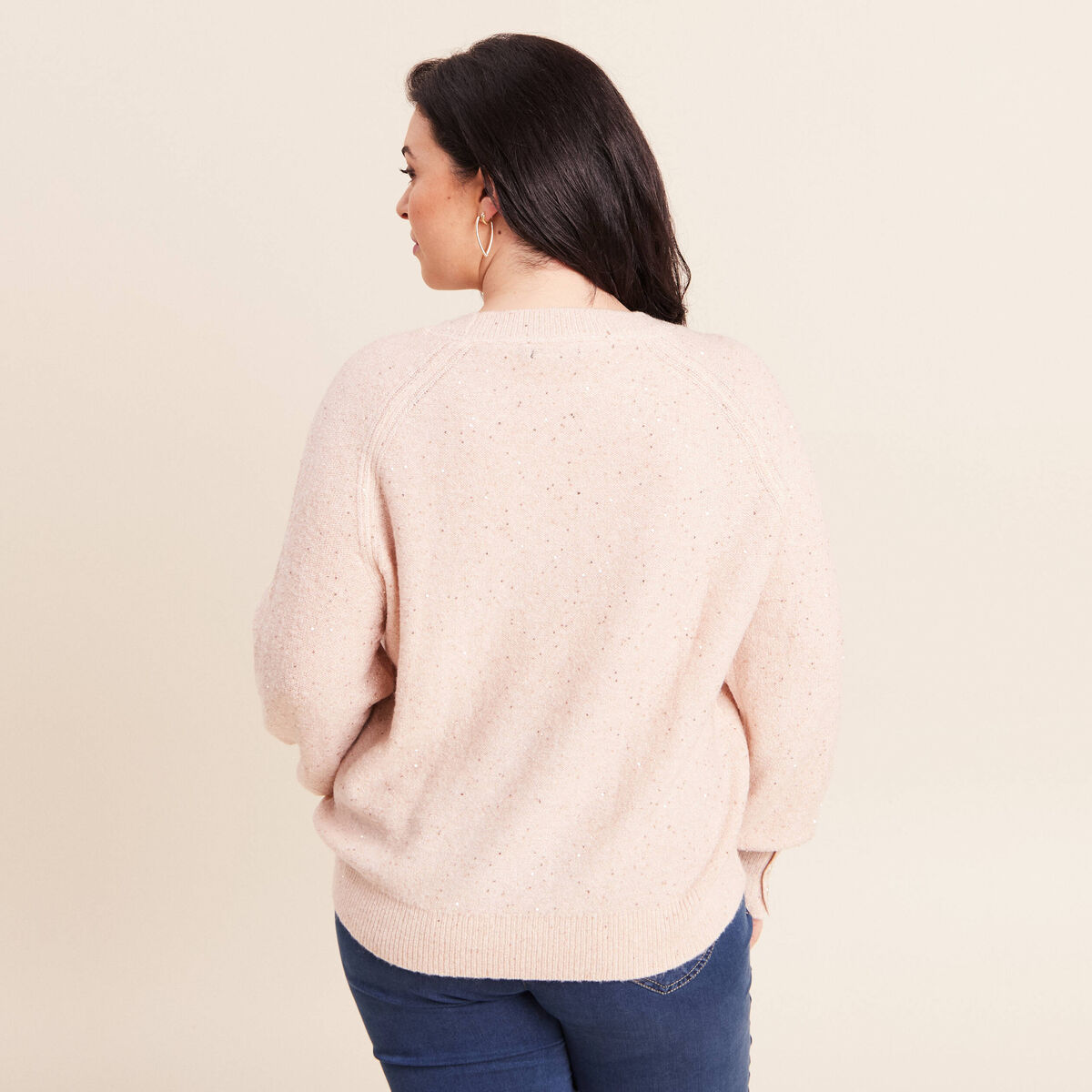 Pull col rond manches longues &agrave; sequins rose poudr&eacute;e femme