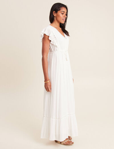Robe longue évasée à volants ecru femme