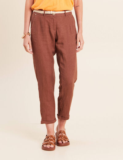 Pantalon coupe chino en lin ceintur&eacute; marron fonc&eacute; femme