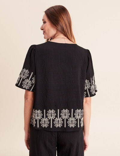 Blouse droite courte manches coudes noir femme