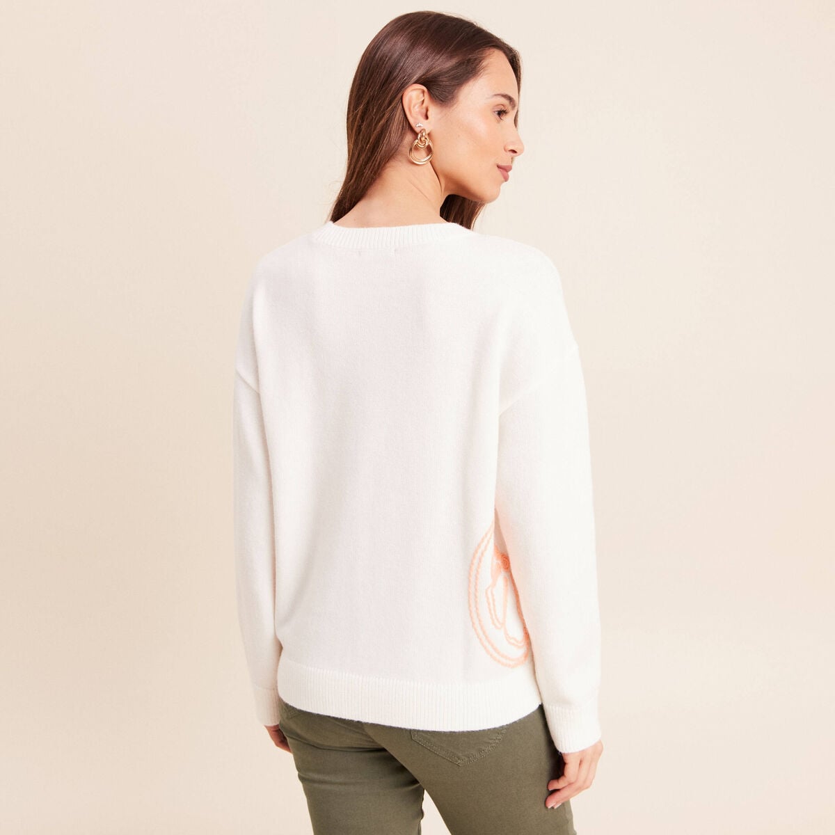 Pull droit col rond manches longues ecru femme
