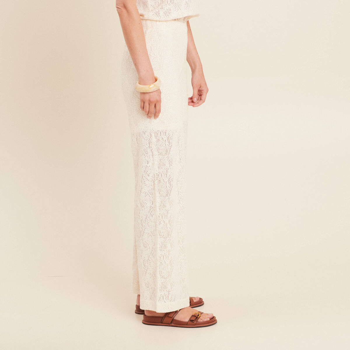 Pantalon large taille basculée ecru femme