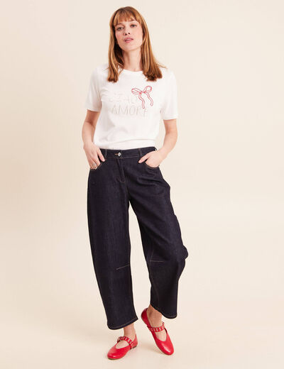 T-shirt col rond manches courtes brod&eacute; ecru femme