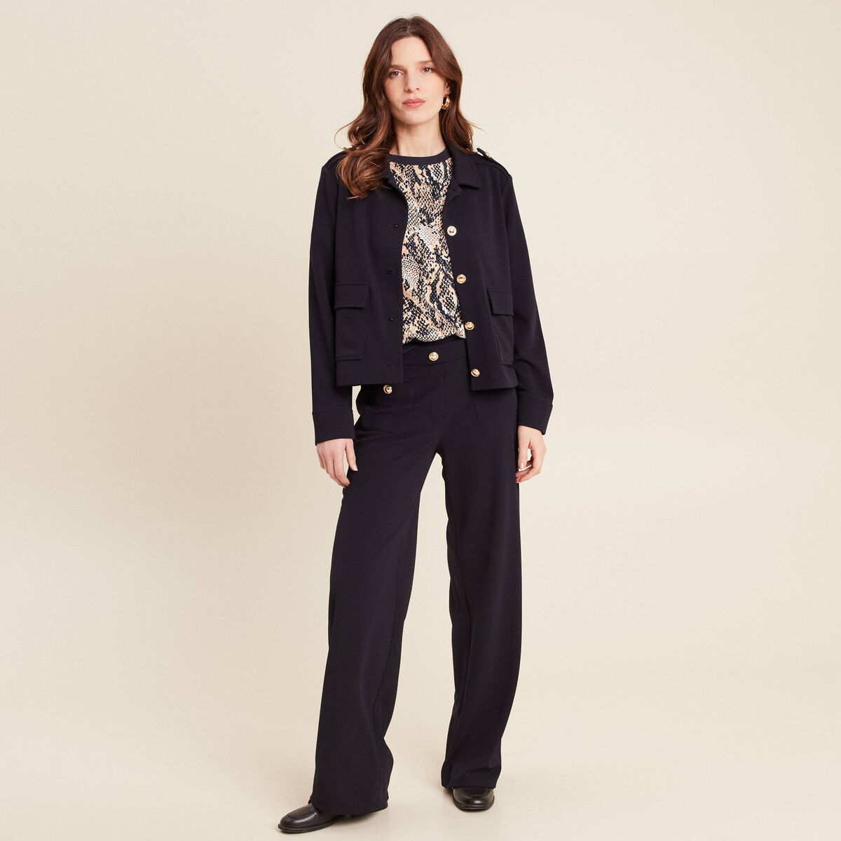 Pantalon droit taille haute bleu foncé femme