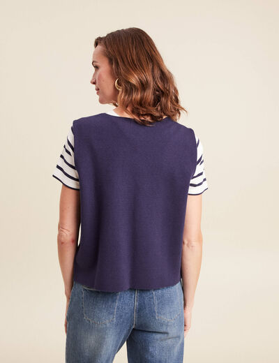 gilet droit court sans manches col rond bleu marine femme