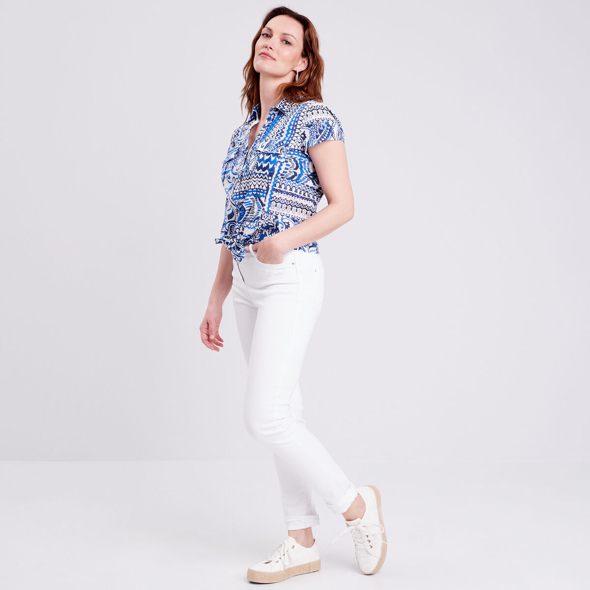 Chemise manches courtes nouée bleu femme