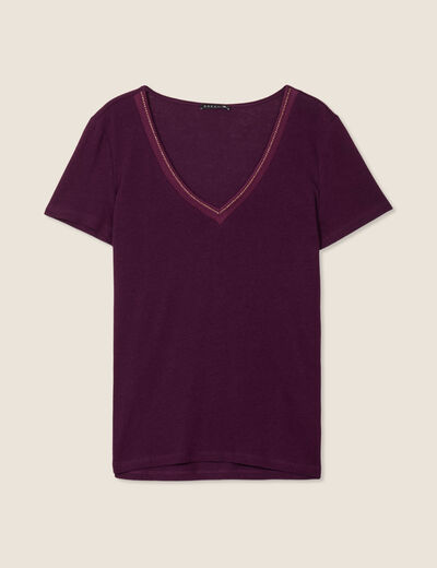 T-shirt manches courtes col en V violet foncé femme