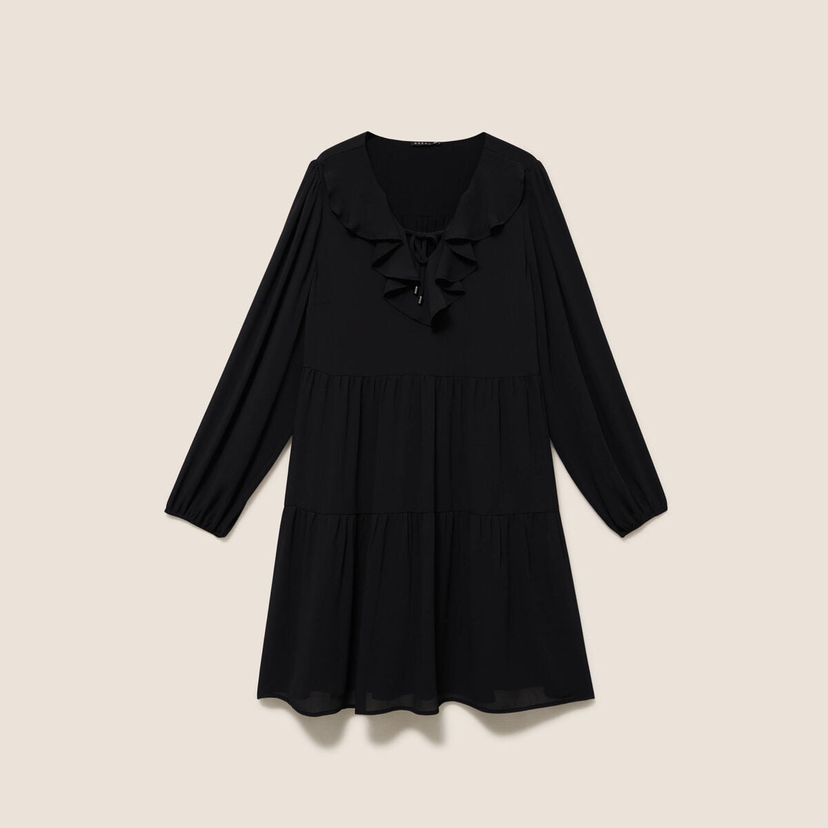 Robe courte &eacute;vas&eacute;e col v manches longues noir femme