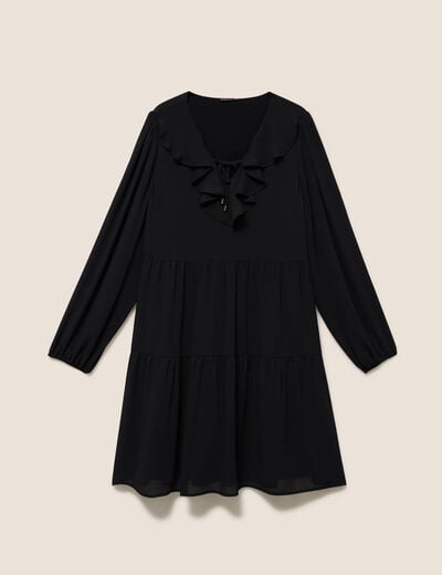 Robe courte &eacute;vas&eacute;e col v manches longues noir femme