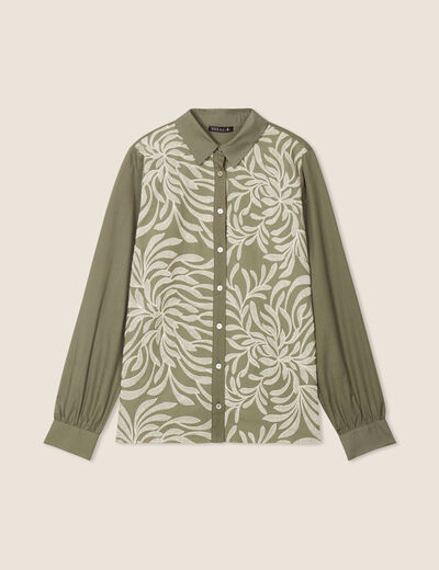 Chemise manches longues brodée vert olive femme