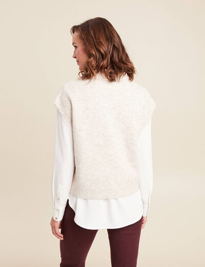 Pull sans manches col chemise beige femme