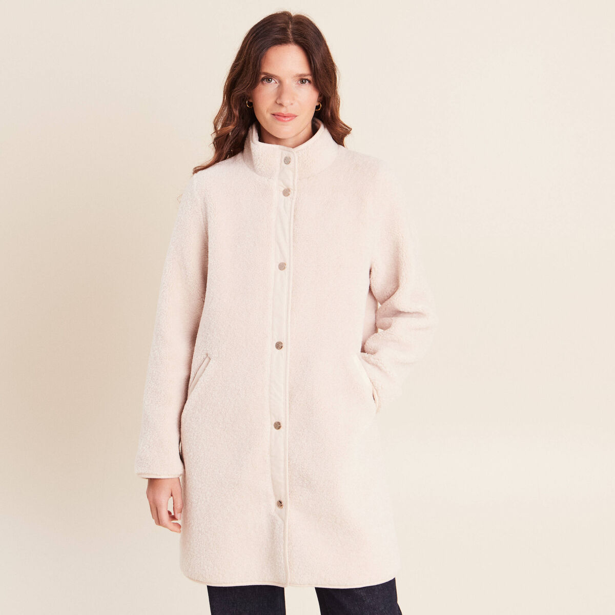 Manteau bouclette doubl&eacute; manches longues ivoire femme