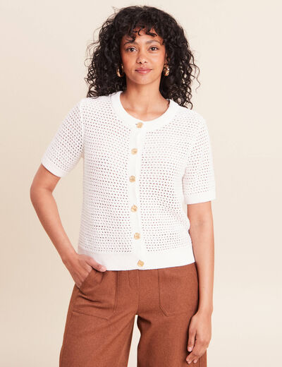 Gilet manches courtes col rond ecru femme