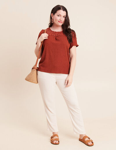 Pantalon large 7/8&egrave;me taille bascul&eacute;e beige femme