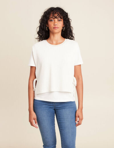 Pull col rond manches courtes ecru femme