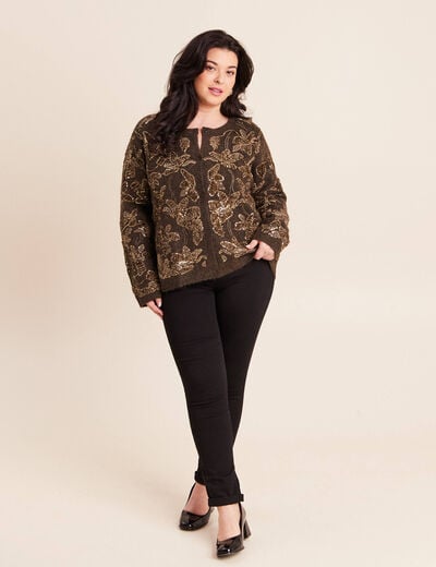 Gilet droit brod&eacute; &agrave; sequins vert kaki femme