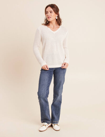 Pull manches longues col en V ecru femme