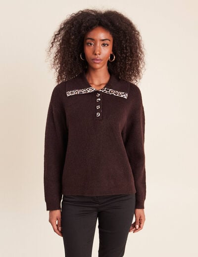 Pull droit manches longues marron fonc&eacute; femme