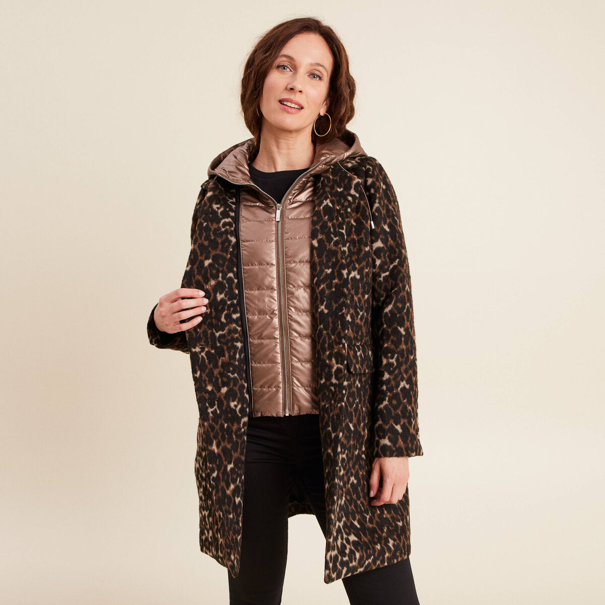 Manteau 2 en 1 droit doubl&eacute; creme femme