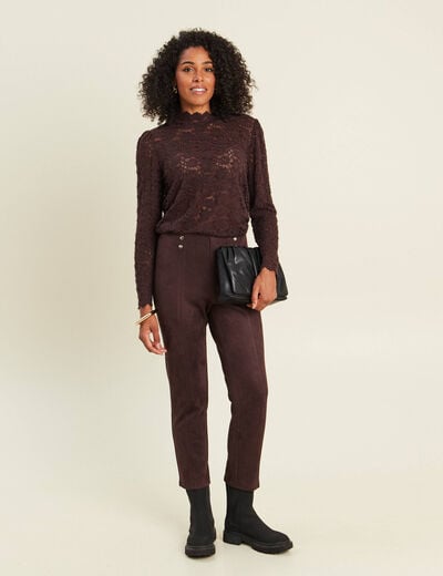 Legging 7/8&egrave;me taille haute aspect daim marron fonc&eacute; femme