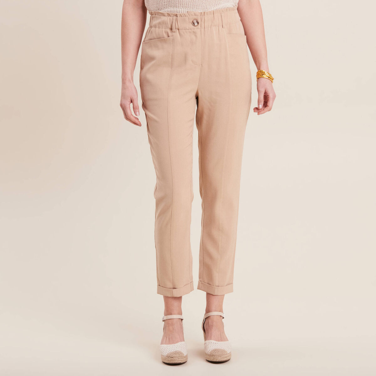 Pantalon carotte 7/8&egrave;me beige femme