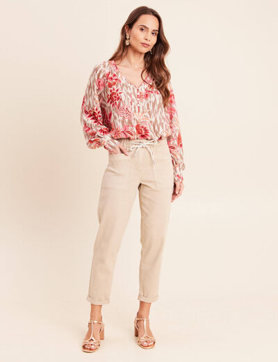 Blouse col v manches longues rose femme